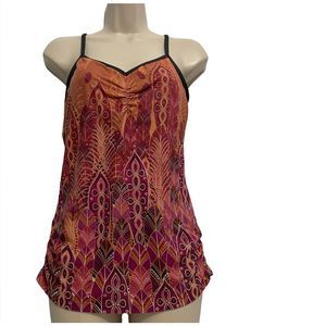prAna M V-Neck Tank Criss Cross Straps Orange Purple Feathers Printed
